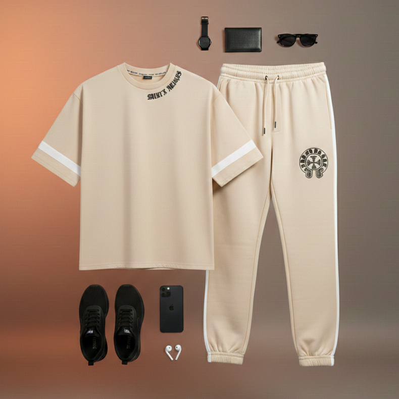 ست تیشرت و شلوار مردانه بنگال کش مدل Salar-کرم